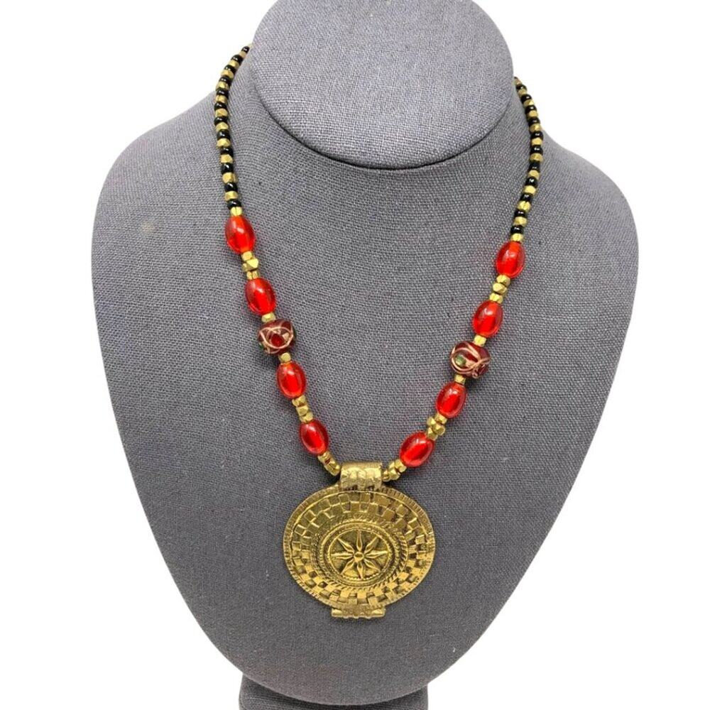 Vintage Gold Tone Tribal Style Medallion Pendant Necklace Black Red Beads